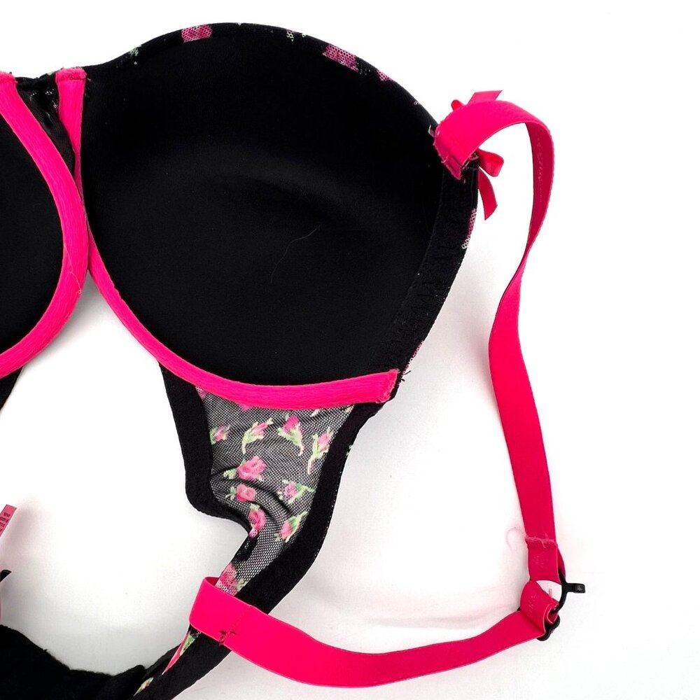 Betsey Johnson Intimates Black Bra Lingerie With Pink Floral Rose Pattern 32DD - Picture 9 of 12
